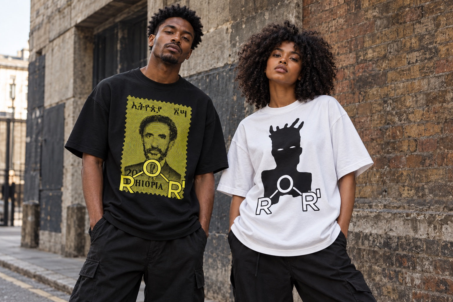 Black male and female AI models wearing the yellow Frequency and white Silhouette oversized ROR T-shirts