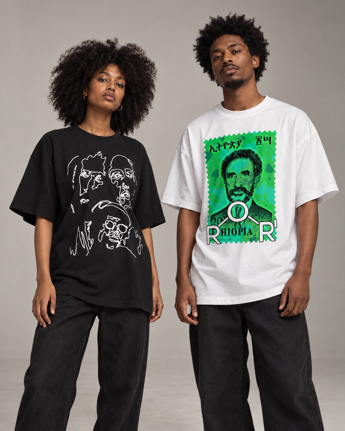 Black female and male AI models wearing the Contour and green Stamp oversized tees in a studio
