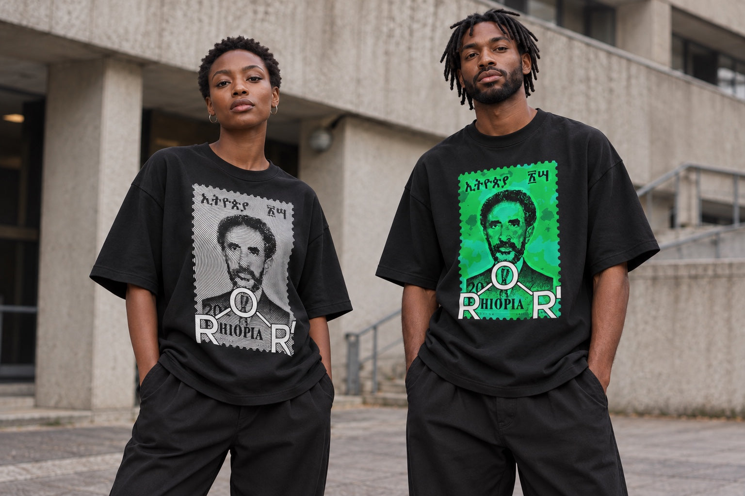 Two Black AI models wearing the white Frequency and green Stamp designs on black T-shirts