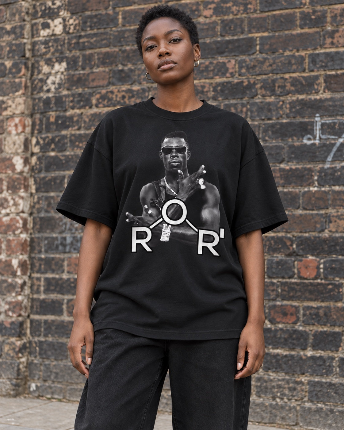 Black female AI model wearing the Portrait T-shirt in black